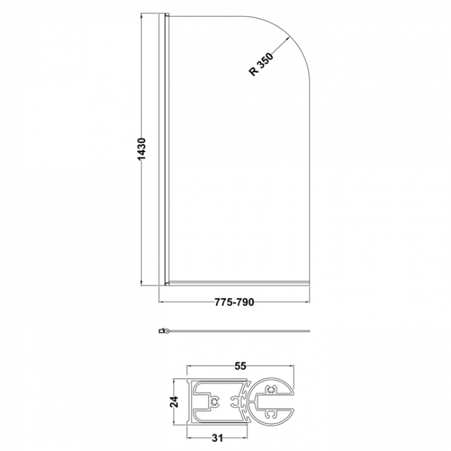 Nuie Pacific Polished Chrome Profile Round Top Hinged Bath Screen 1430mm H x 790mm W - 6mm Glass