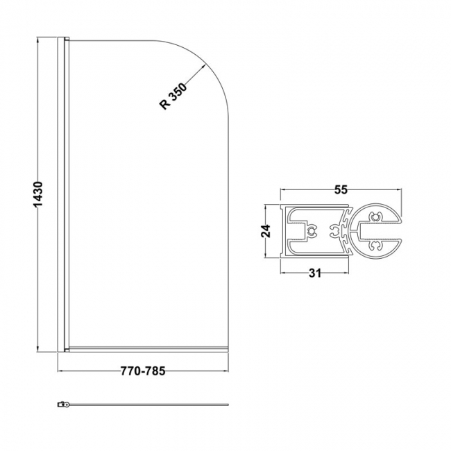 Nuie Brushed Pewter Round Top Hinged Bath Screen 1430mm H x 790mm W - 6mm Glass