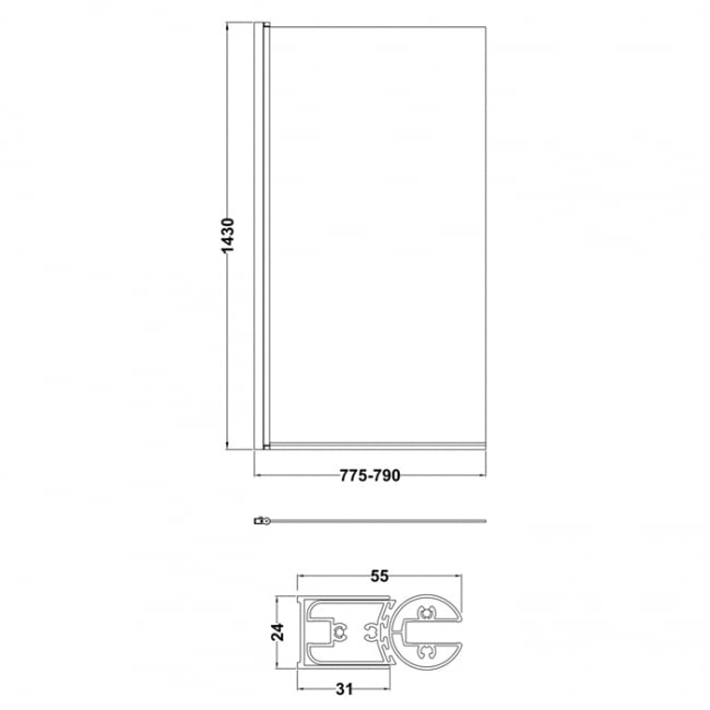 Nuie Pacific Matt Black Profile Hinged Bath Screen 1430mm H x 790mm W - 6mm Glass