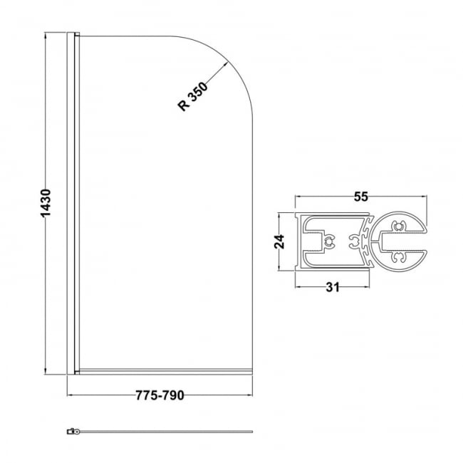 Nuie Pacific Matt Black Profile Round Top Hinged Bath Screen 1430mm H x 790mm W - 6mm Glass