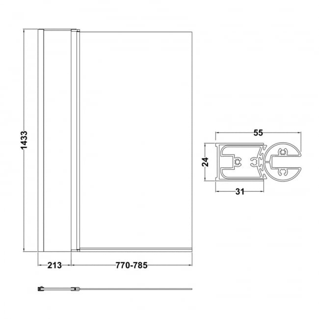 Nuie Pacific Square Hinged Bath Screen with Fixed Panel 1435mm H x 1005mm W - 6mm Glass