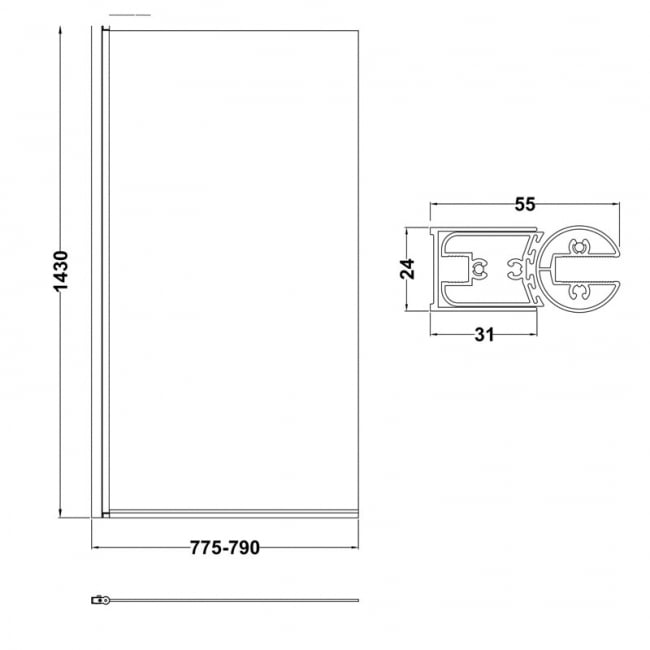 Nuie Pacific Brushed Brass Profile Square Hinged Bath Screen 1430mm H x 790mm W - 6mm Glass