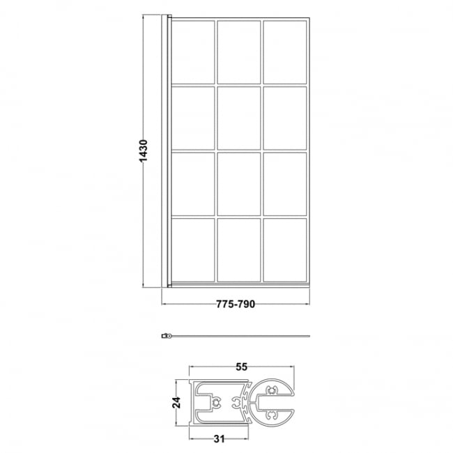 Nuie Pacific Square Matt Black Framed Bath Screen 1430mm H x 790mm W - 6mm Glass