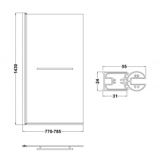 Nuie Pacific Square Hinged Bath Screen with Towel Bar 1430mm H x 790mm W - 6mm Glass