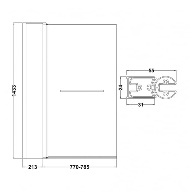 Nuie Pacific Square Hinged Bath Screen with Fixed Panel and Towel Bar 1433mm H x 998mm W - 6mm Glass