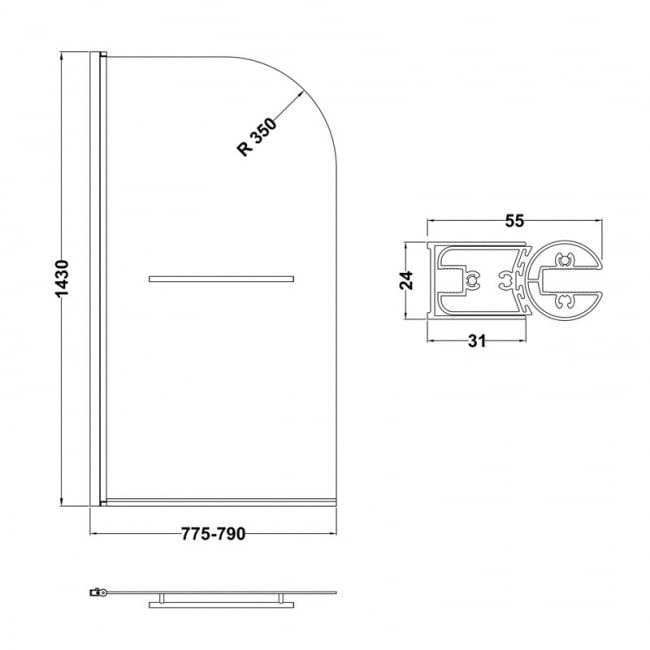 Nuie Pacific Round Top Hinged Bath Screen with Towel Bar 1430mm H x 790mm W - 6mm Glass