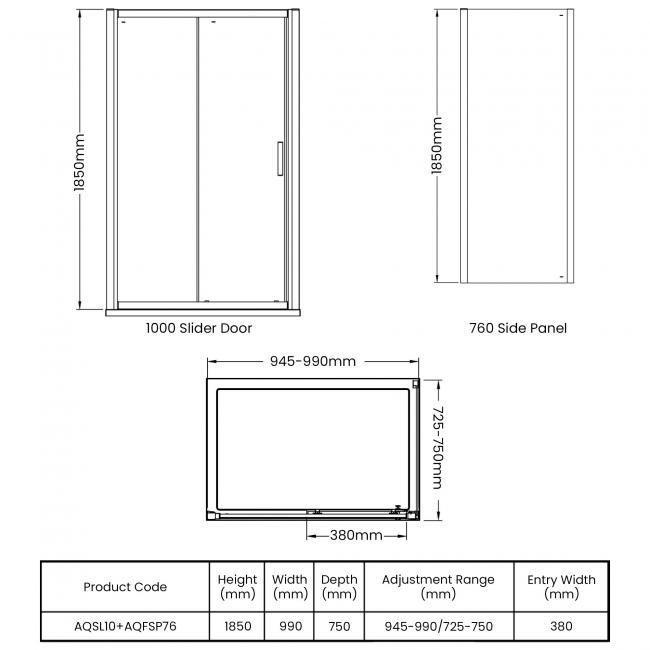 Hudson Reed Pacific Sliding Door Rectangular Shower Enclosure 1000mm x 760mm - 6mm Glass