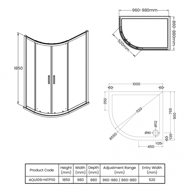 Hudson Reed Pacific Offset Quadrant Shower Enclosure 1000mm x 900mm with Tray LH - 6mm Glass