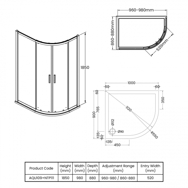 Hudson Reed Pacific Offset Quadrant Shower Enclosure 1000mm x 900mm with Tray RH - 6mm Glass