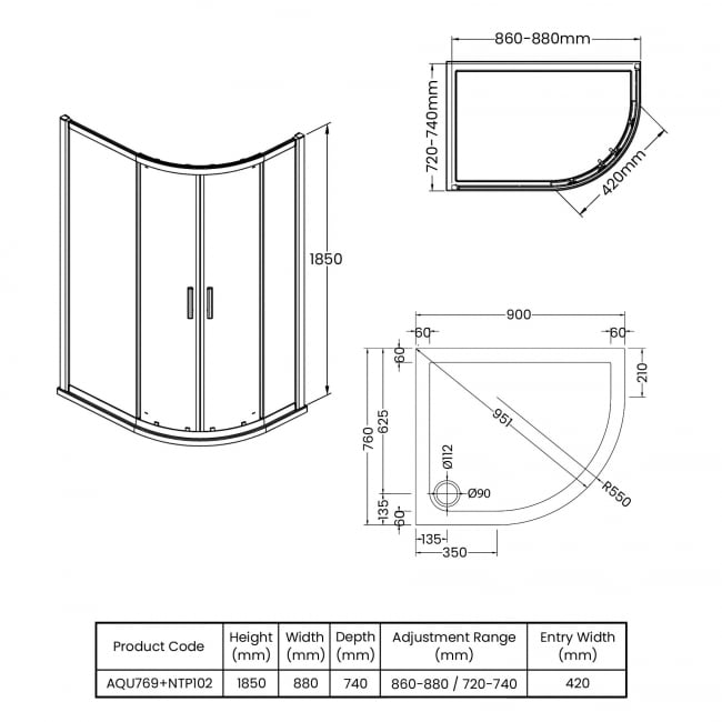 Hudson Reed Pacific Offset Quadrant Shower Enclosure 900mm x 760mm with Tray RH - 6mm Glass