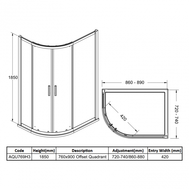 Hudson Reed Pacific2 Offset Quadrant Shower Enclosure 900mm x 760mm - 6mm Glass