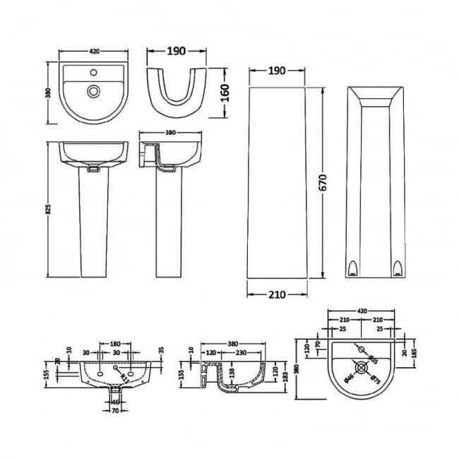 Nuie Provost Basin and Full Pedestal 420mm Wide - 1 Tap Hole