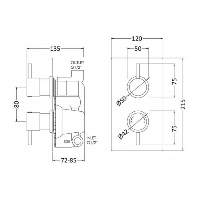 Nuie Quest Rectangular Concealed Shower Valve Dual Handle - Chrome