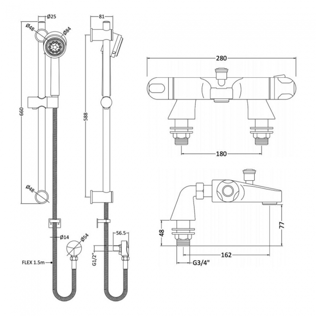 Nuie Reef Thermostatic Bath Shower Mixer with Multi Function Slider Rail Kit - Chrome