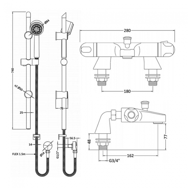 Nuie Reef Thermostatic Bath Shower Mixer with Single Function Slider Rail Kit - Chrome