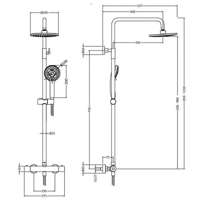 Nuie Round Bar Mixer Shower with Shower Kit and Fixed Head