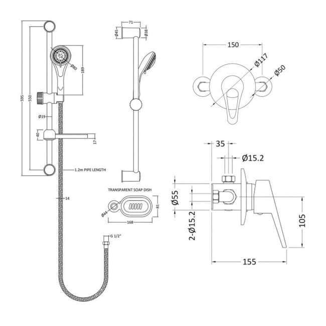 Nuie Round Manual Exposed Shower Valve with Slider Rail Kit - Chrome