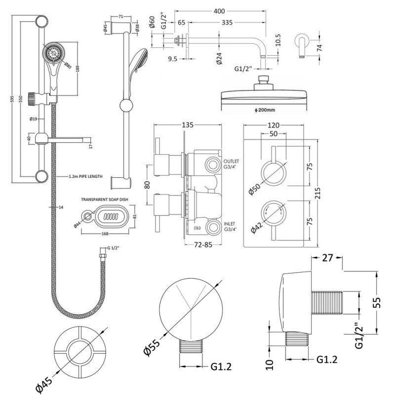 Nuie Twin Round Thermostatic Concealed Complete Mixer Shower with Diverter - Chrome