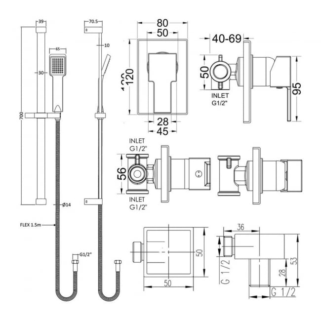 Nuie Sanford Square Manual Concealed Shower Valve with Slider Rail Kit - Chrome