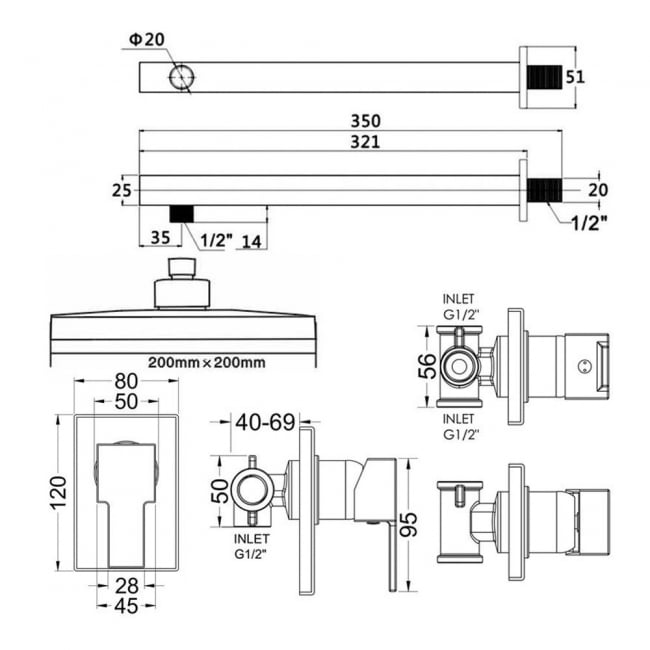 Nuie Sanford Square Manual Concealed Shower Valve with Fixed Head and Arm - Chrome