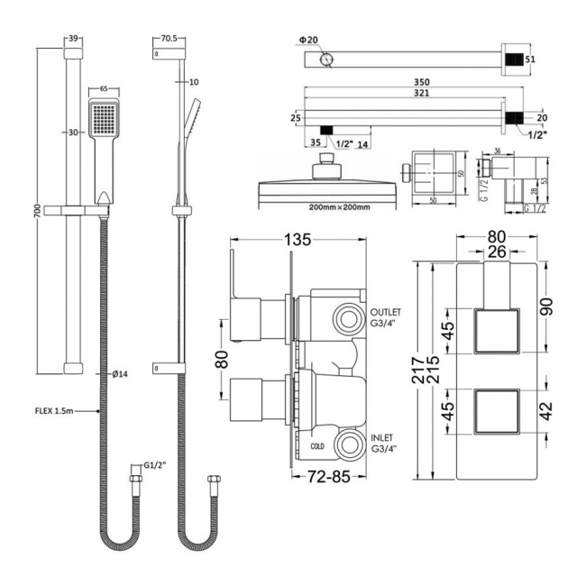 Nuie Sanford Twin Thermostatic Concealed Complete Mixer Shower with Diverter - Chrome