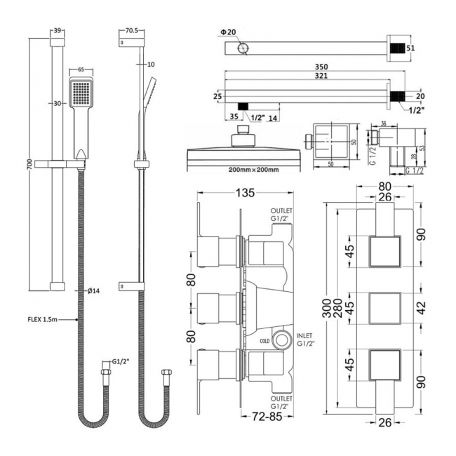 Nuie Sanford Triple Thermostatic Concealed Complete Mixer Shower - Chrome