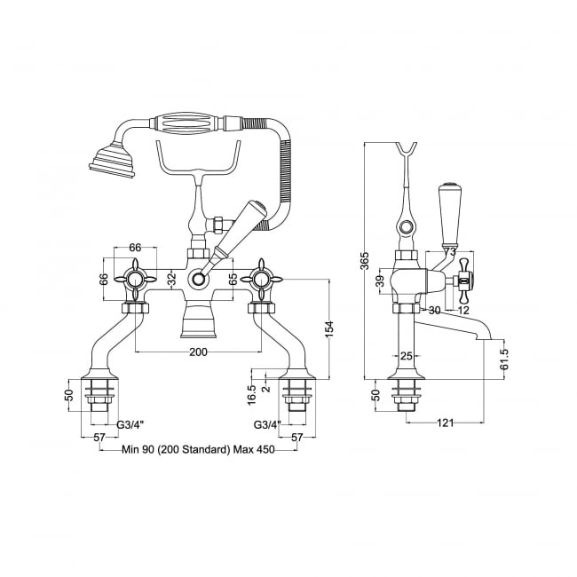 Nuie Selby Xhead Pillar Mounted Bath Shower Mixer Tap with Shower Kit - Chrome