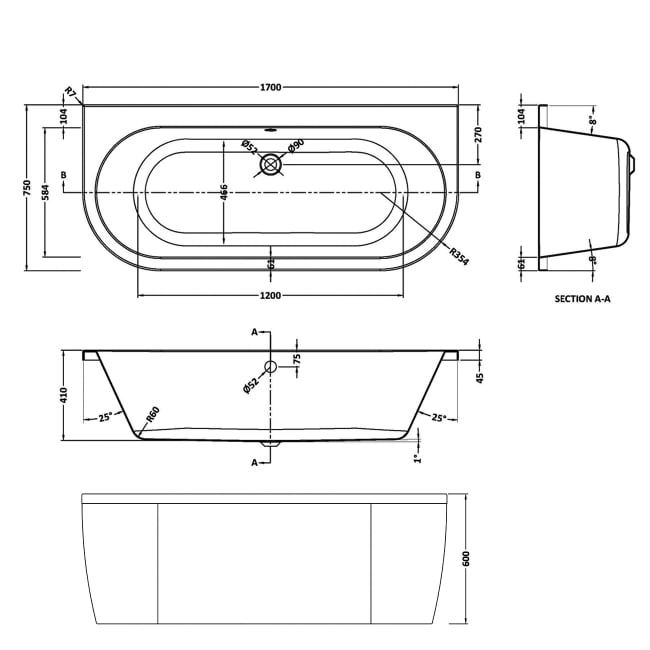 Nuie Shingle Double Ended Back to Wall Bath with Panel 1700mm x 750mm - White (inc Leg Set)