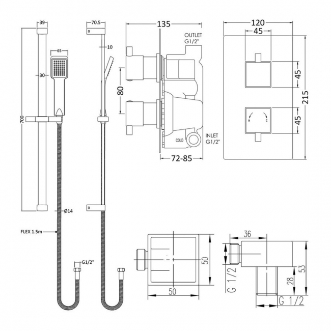 Nuie Twin Square Thermostatic Concealed Shower Valve with Slider Rail Kit - Chrome