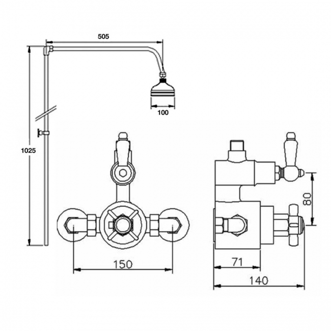 Nuie Traditional Twin Exposed Thermostatic Shower Valve with Rigid Riser Kit and Fixed Head - Chrome