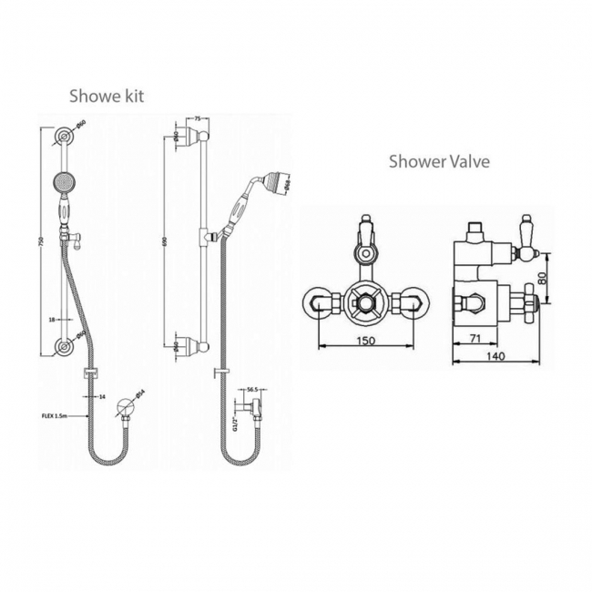 Nuie Traditional Twin Exposed Thermostatic Valve with Slider Rail Kit - Chrome