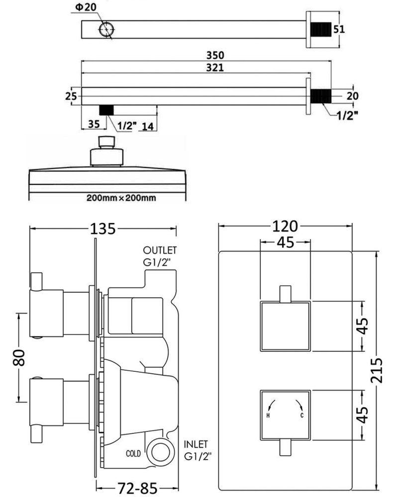 Nuie Twin Square Thermostatic Concealed Shower Valve with Fixed Head and Arm - Chrome