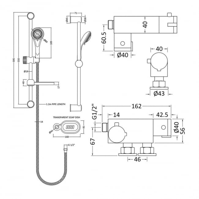 Nuie Vertical Thermostatic Bar Shower Valve with Classic Multi Function Slider Rail Kit - Chrome