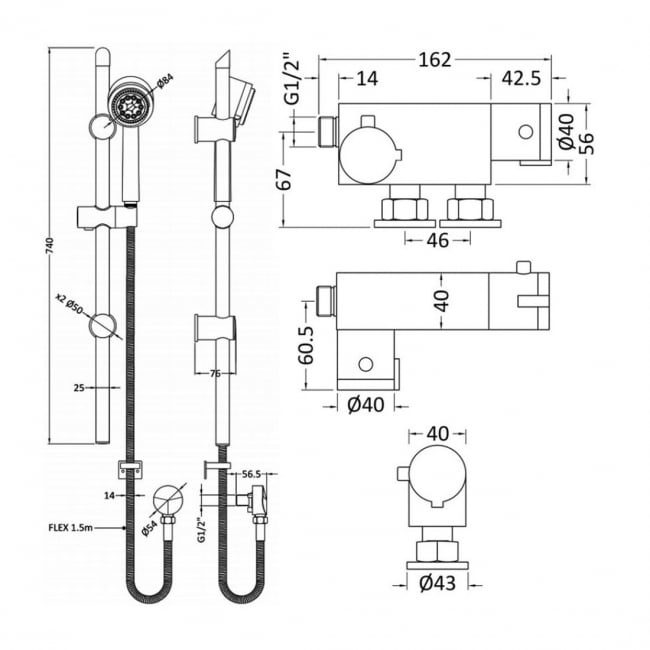 Nuie Vertical Thermostatic Bar Shower Valve with Single Function Slider Rail Kit - Chrome