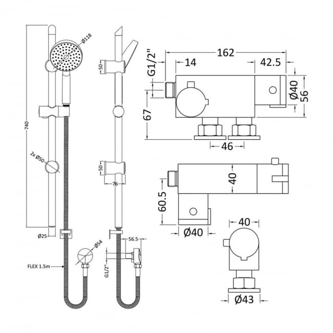 Nuie Vertical Thermostatic Bar Shower Valve with Slim Single Function Slider Rail Kit - Chrome