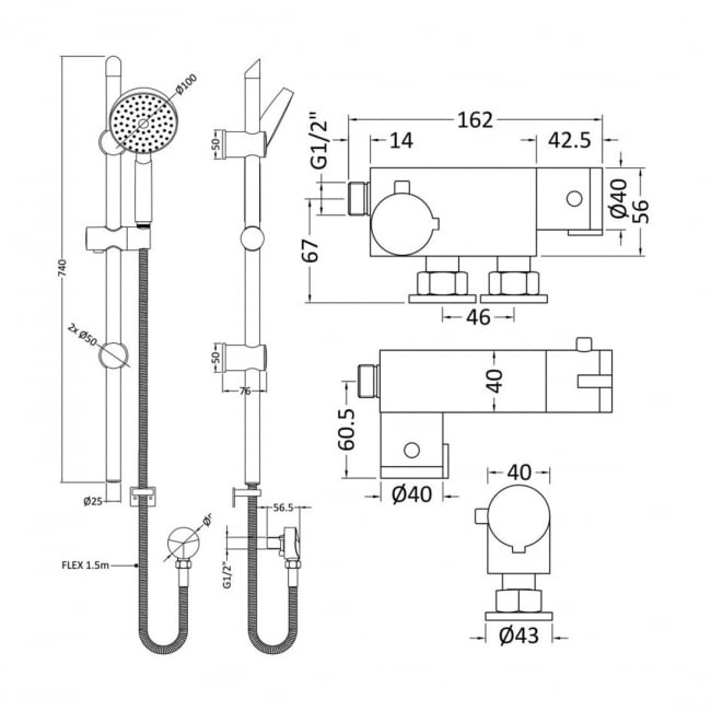 Nuie Vertical Thermostatic Bar Shower Valve with Water Saving Slider Rail Kit - Chrome