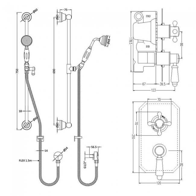 Nuie Victorian Twin Square Thermostatic Concealed Shower Valve with Slider Rail Kit - Chrome