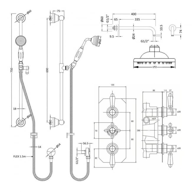 Nuie Victorian Curved Triple Thermostatic Concealed Complete Mixer Shower - Chrome