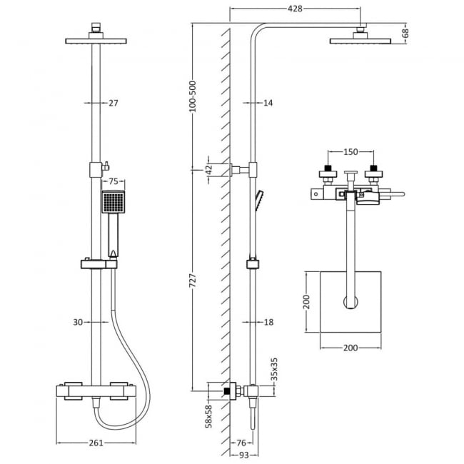 Nuie Windon Square Thermostatic Bar Mixer Shower with Shower Kit and Fixed Head - Brushed Pewter