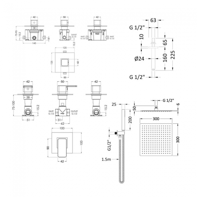 Nuie Windon Thermostatic Concealed Mixer Shower with Shower Handset + Fixed Head and Stop Taps