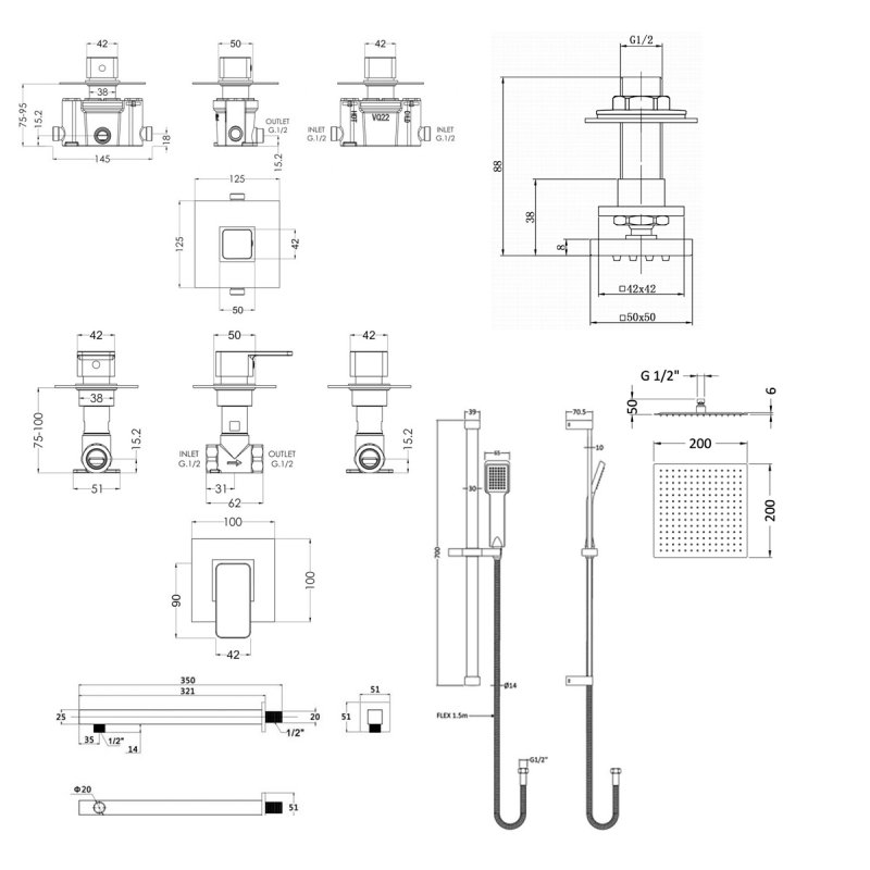 Nuie Windon Thermostatic Concealed Mixer Shower with Shower Kit + Fixed Head Stop Tap and Body Jet