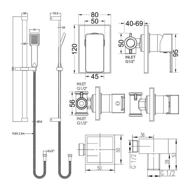 Nuie Windon Square Manual Concealed Shower Valve with Slider Rail Kit - Chrome