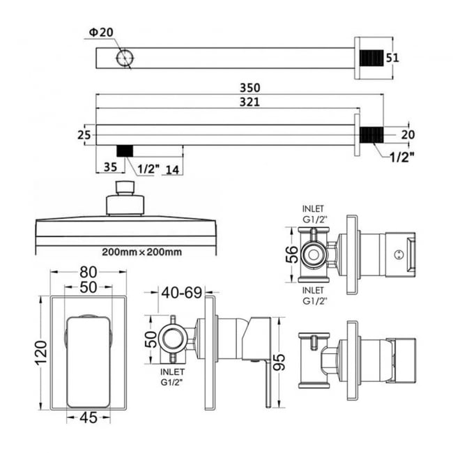 Nuie Windon Square Manual Concealed Shower Valve with Fixed Head and Arm - Chrome