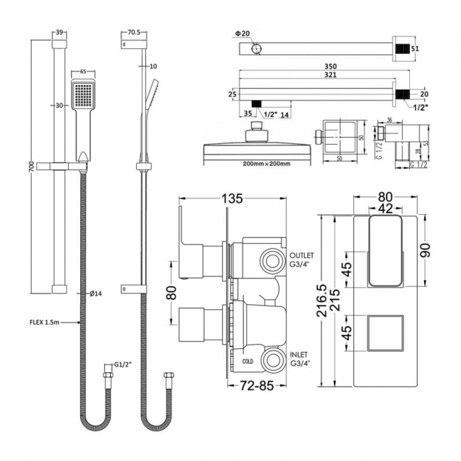 Nuie Windon Twin Thermostatic Concealed Complete Mixer Shower with Diverter - Chrome