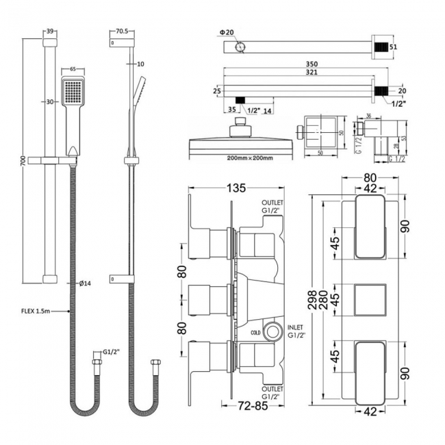 Nuie Windon Triple Thermostatic Concealed Complete Mixer Shower - Chrome