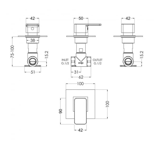 Nuie Windon Square Concealed Stop Tap Shower Valve - Chrome