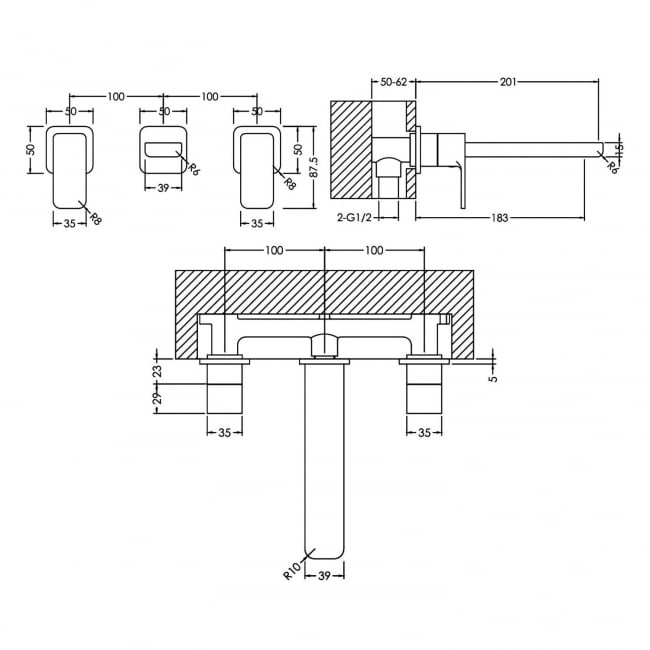 Nuie Windon 3-Hole Wall Mounted Basin Mixer Tap without Plate - Chrome