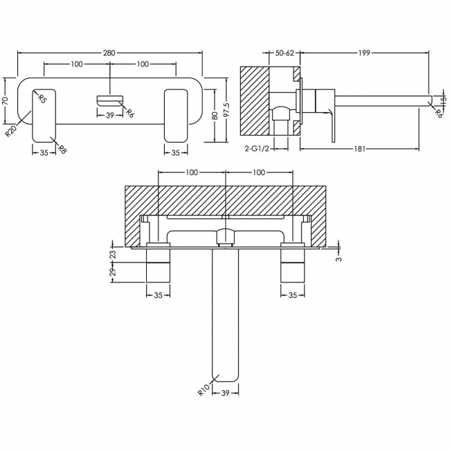 Nuie Windon 3-Hole Wall Mounted Basin Mixer Tap with Plate - Chrome