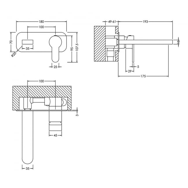 Nuie Windon 2-Hole Wall Mounted Basin Mixer Tap with Plate - Brushed Brass