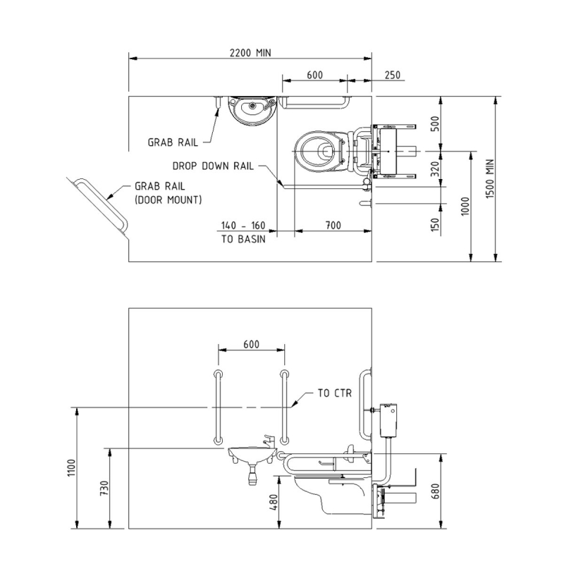 Nymas NymaPRO Wall Hung Doc M Toilet Pack with Steel Grab Rails and TMV3 Valve - Dark Grey